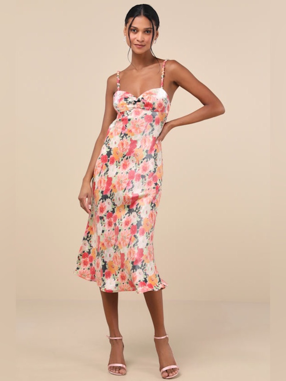 Sensational Spirit Peach Multi Floral Satin Tie-Back Midi Dress